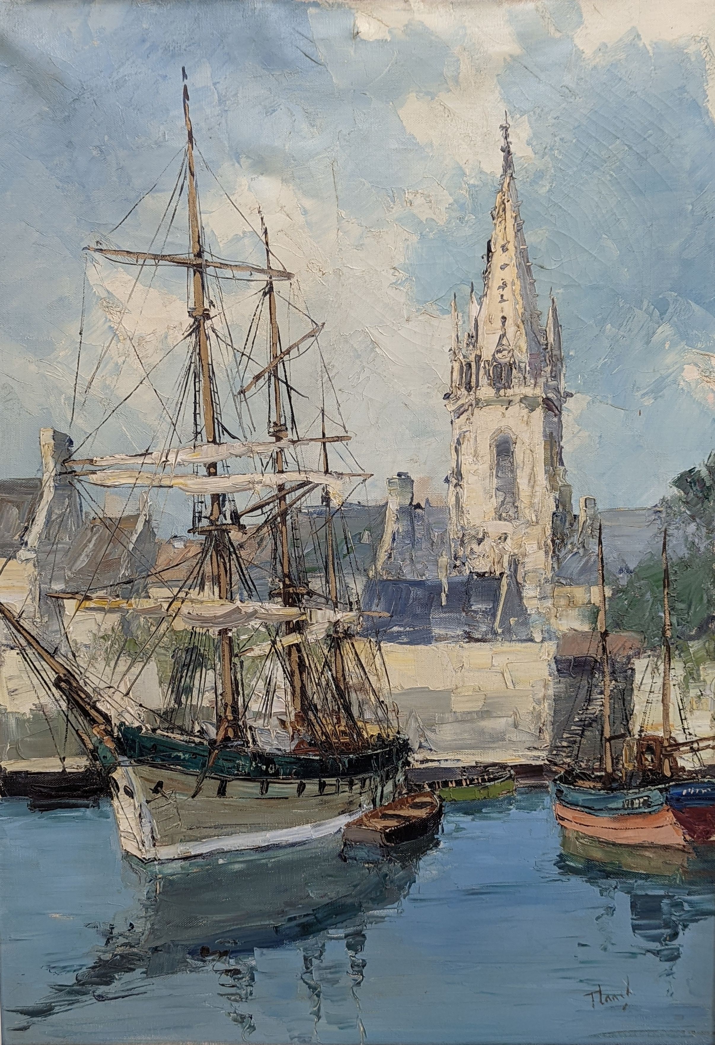 Bernard Laarhoven (b.1912), oil on canvas, Harbour on the channel coast, signed and inscribed verso, 70 x 50cm